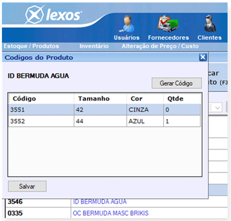 Grade de cores e tamanho